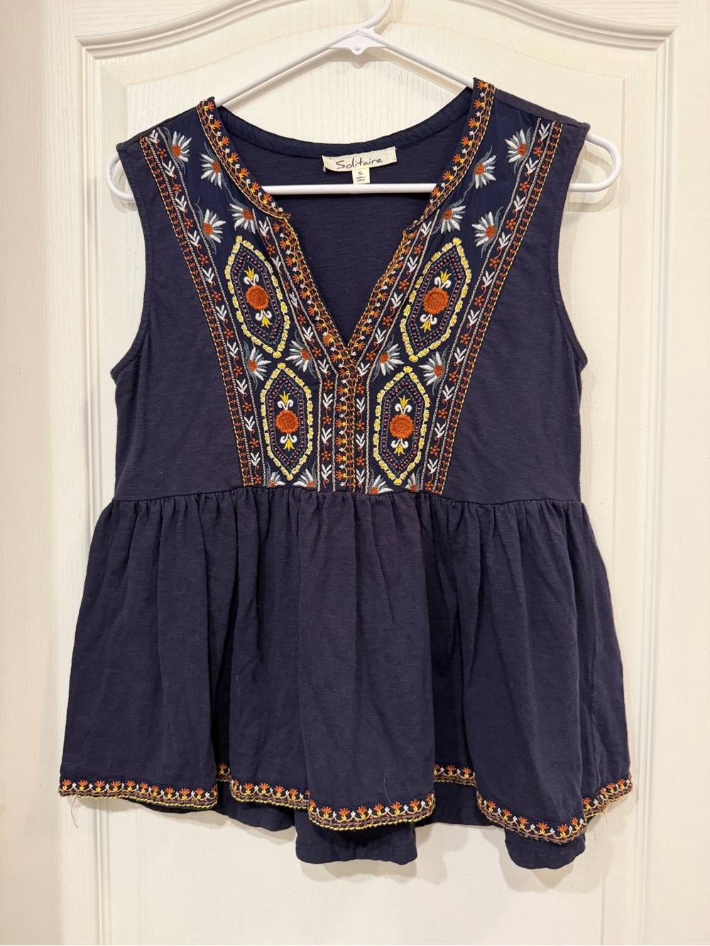 Solitaire S Navy Embroidered Cotton Peplum Babydoll Top Boho India